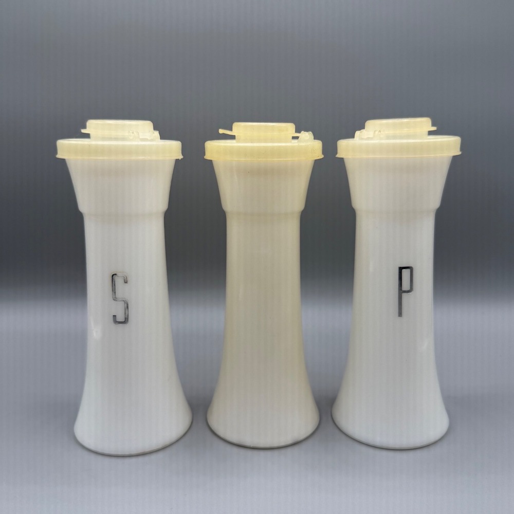 VTG Tupperware Hourglass Salt & Pepper Shaker White Set of 3 Retro Kitchen 6.5"